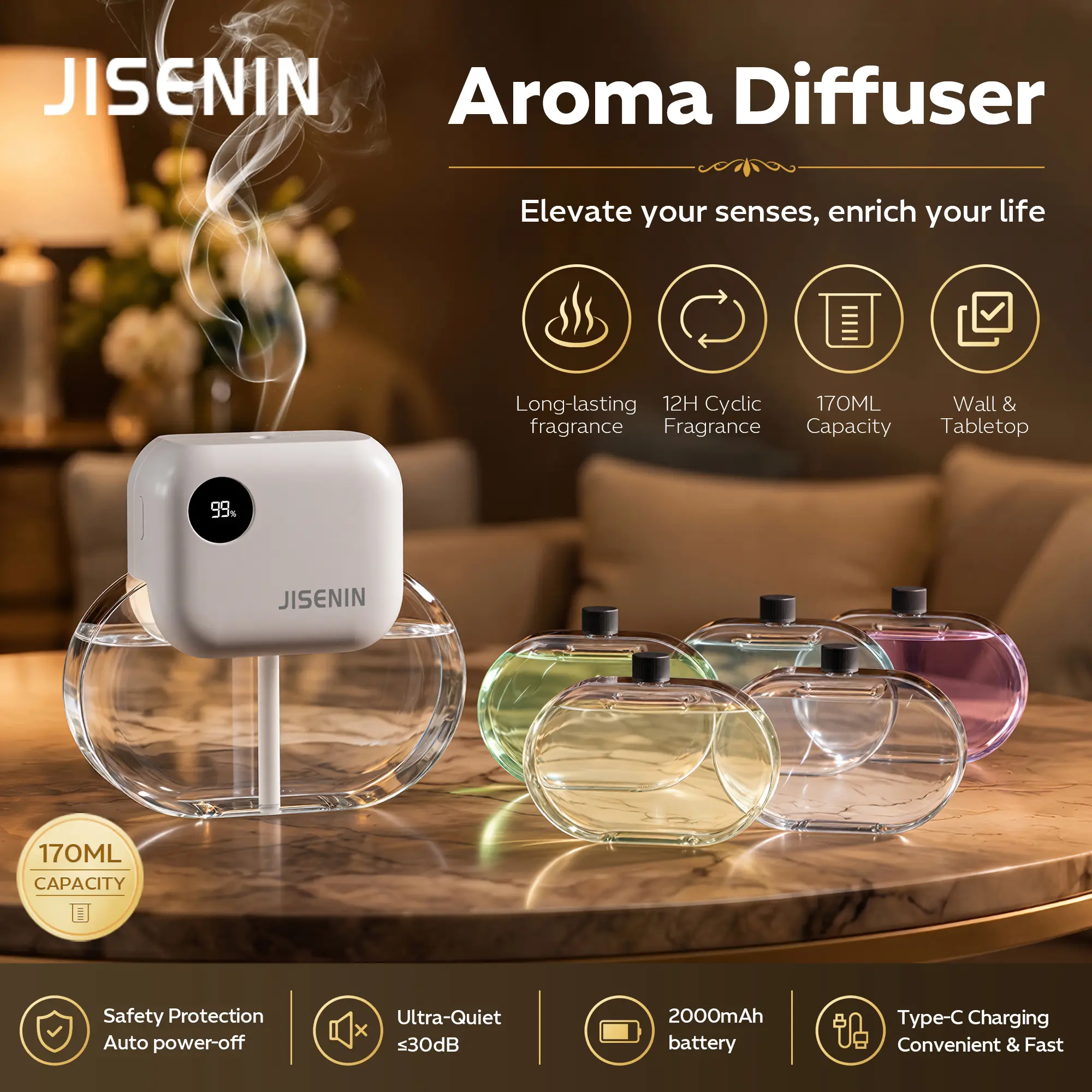 JISENIN  Multifunctional Diffuser & Home Humidifier, 2000mAh Rechargeable Battery, 6 Mist Timer Settings, Available with A Choice Of 1- Or 3-Bottle Essential Oil Sets, Home Air Freshener, Ideal for Homes, Cars, And Hotels bedroom