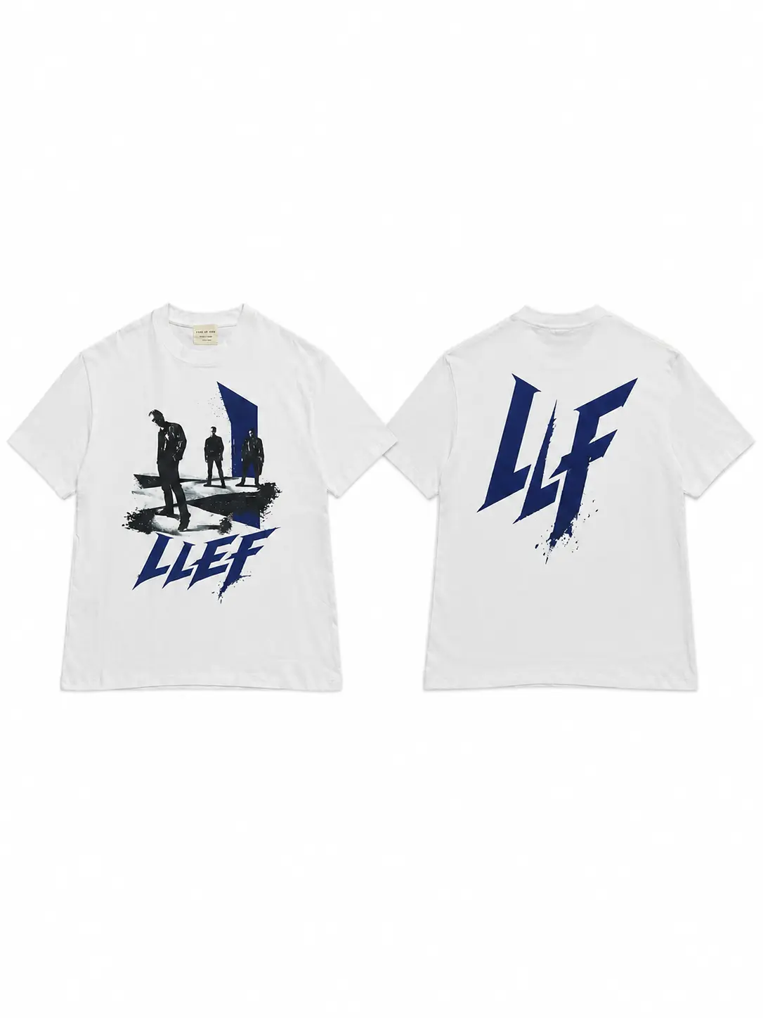 Men's Abstract Trio Portrait Graphic T-Shirt, Oversized White Short Sleeve Crew Neck Tee, Navy Blue Front and Back Print, Urban Streetwear Top