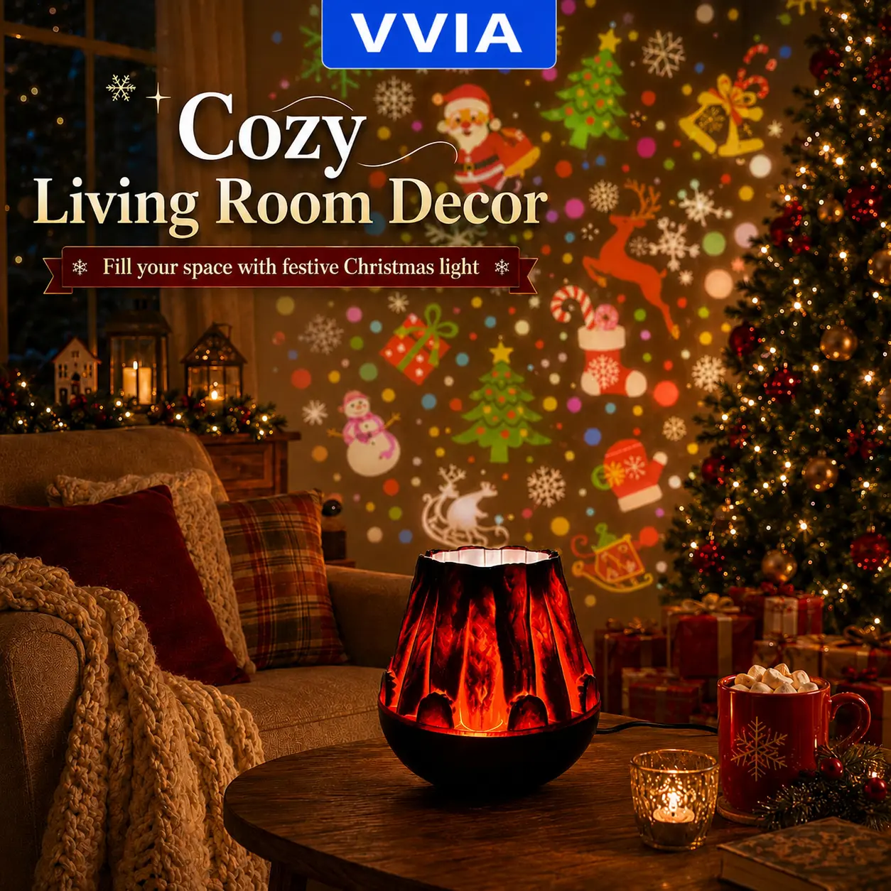 Christmas Flame Projection Lamp – Realistic Fireplace Glow + Dynamic Snowflake & Santa Projection, Instantly Create a Cozy Holiday Atmosphere in 1 Second