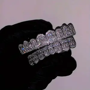 2pcs SET Baguette 8 Teeth Grillz Top & Bottom Mouth Grills for Hip Hop Enthusiasts Unique 8 Teeth Design Ideal Gift stone mountain grillz diamond belly button shape