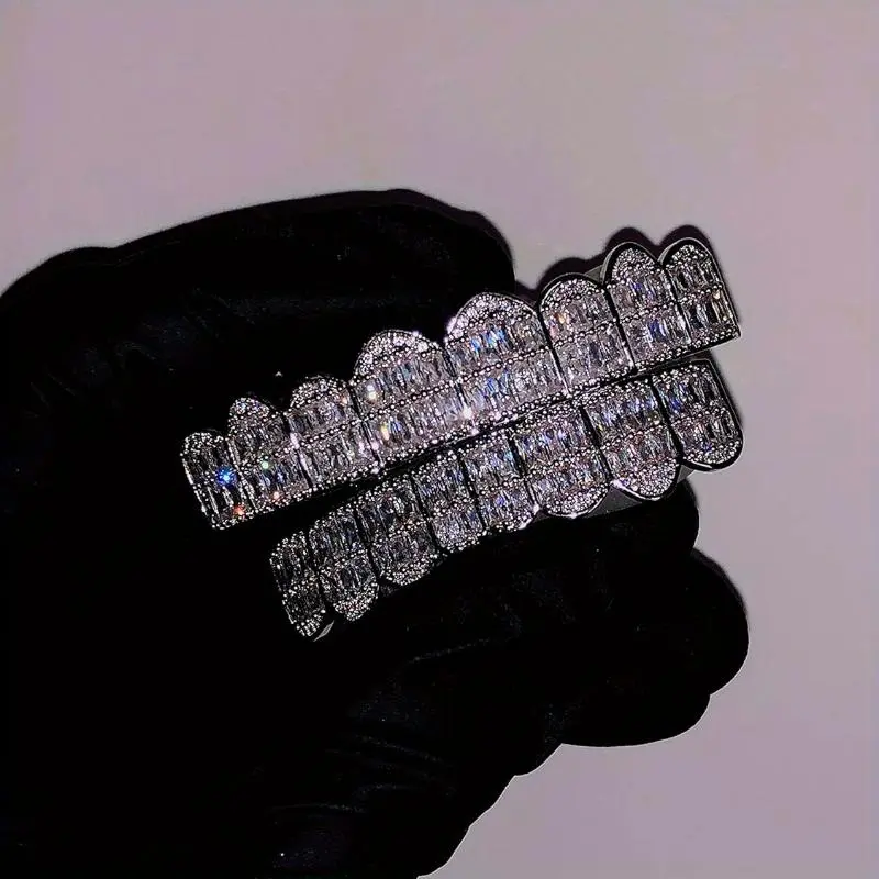 2pcs SET Baguette 8 Teeth Grillz Top & Bottom Mouth Grills for Hip Hop Enthusiasts Unique 8 Teeth Design Ideal Gift stone mountain grillz diamond belly button shape