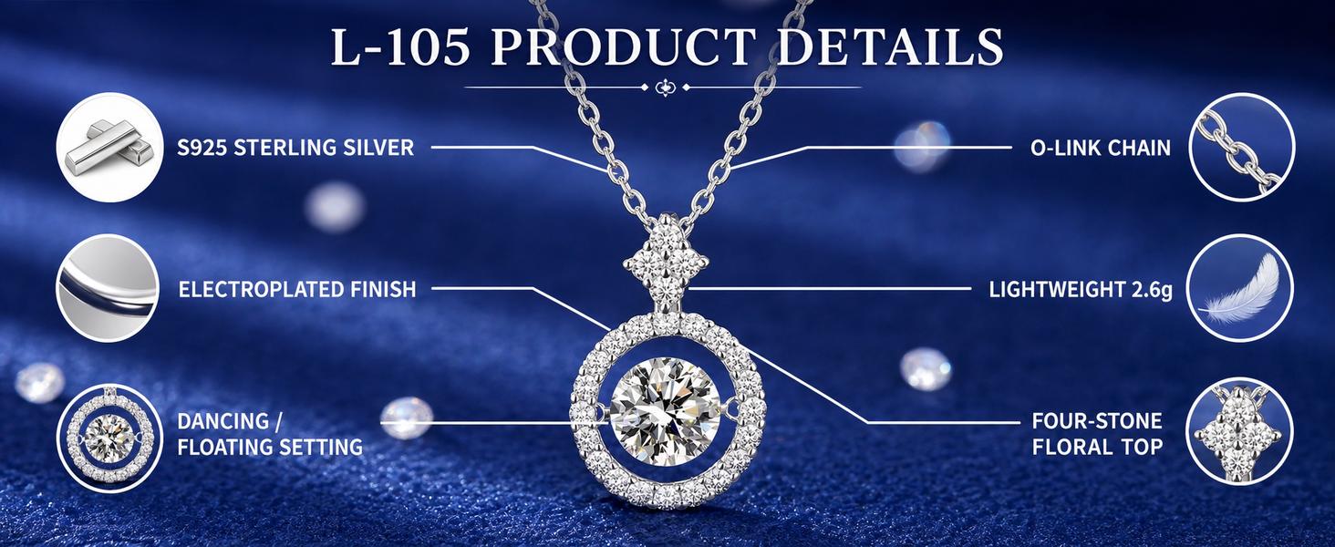 Women's S925 Sterling Silver Moissanite Necklace, D Color VVS Dancing Stone Round Halo Pendant with 4-Stone Floral Accent, O Chain, Birthday Anniversary Gift