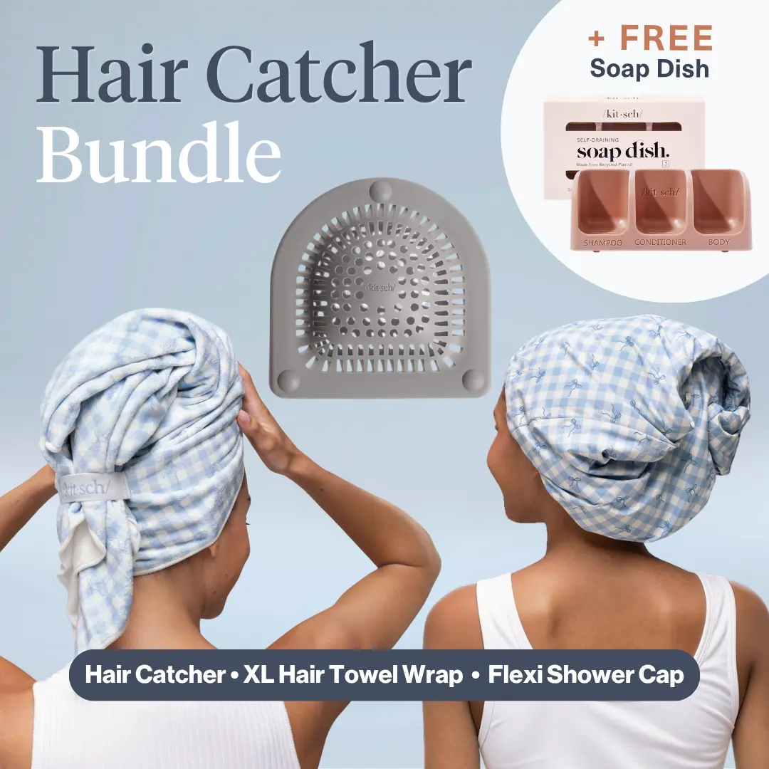 Hair Catcher Bundle | Viral Hair Catcher + XL Hair Towel Wrap + Satin-Lined Flexi Shower Cap + FREE Soap Dish