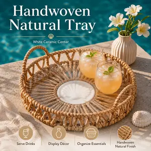Natural Round Organizer Tray with Ceramic Center, Handwoven Decorative Basket for Coffee Table & Home Décor