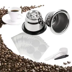 Reusable Capsules for Nespresso with Aluminum Foil Seals Stickers Lids Refillable Coffee Pods Stainless Steel Cups Compatible with Nespresso Brewer Coffee Accessories