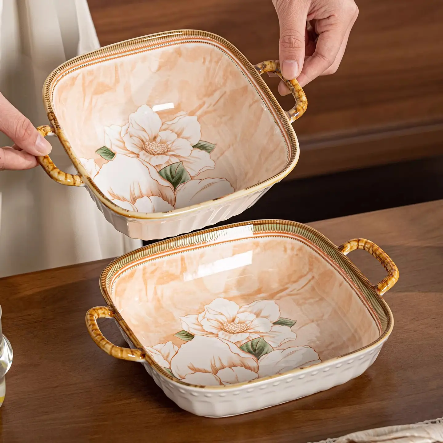 4 pieces of 9-inch double ear square plates, Square tableware, camellia pattern, khaki color, suitable for grilled chicken, spaghetti, steak and other delicacies, suitable for theme restaurants, Thanksgiving parties and other places, microwave safe