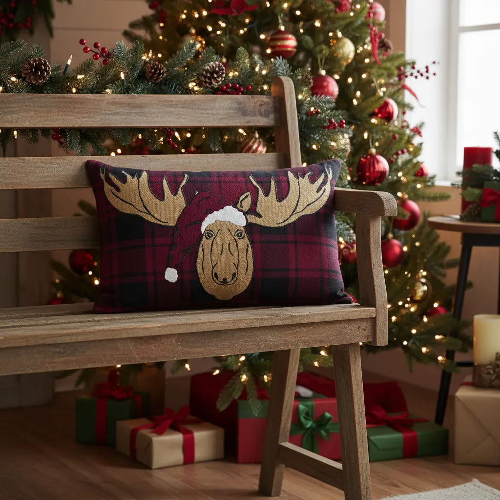 Boone Trace Cotton Red-Black Plaid Holiday Moose Pillow, Christmas Decor Accessory
