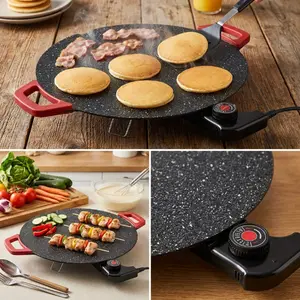 [40cm/15.75 Inch]Multifunctional Maifan Stone Pan: Scratch-Resistant Non-Stick, Built-in Oil Guide, 360° Circular Heating, 10s Fast Heat, Anti-Scald Red Ears Handle, Easy Storage, Ideal For Camping/ for family Gatherings/Parties, Holiday Gift For Family