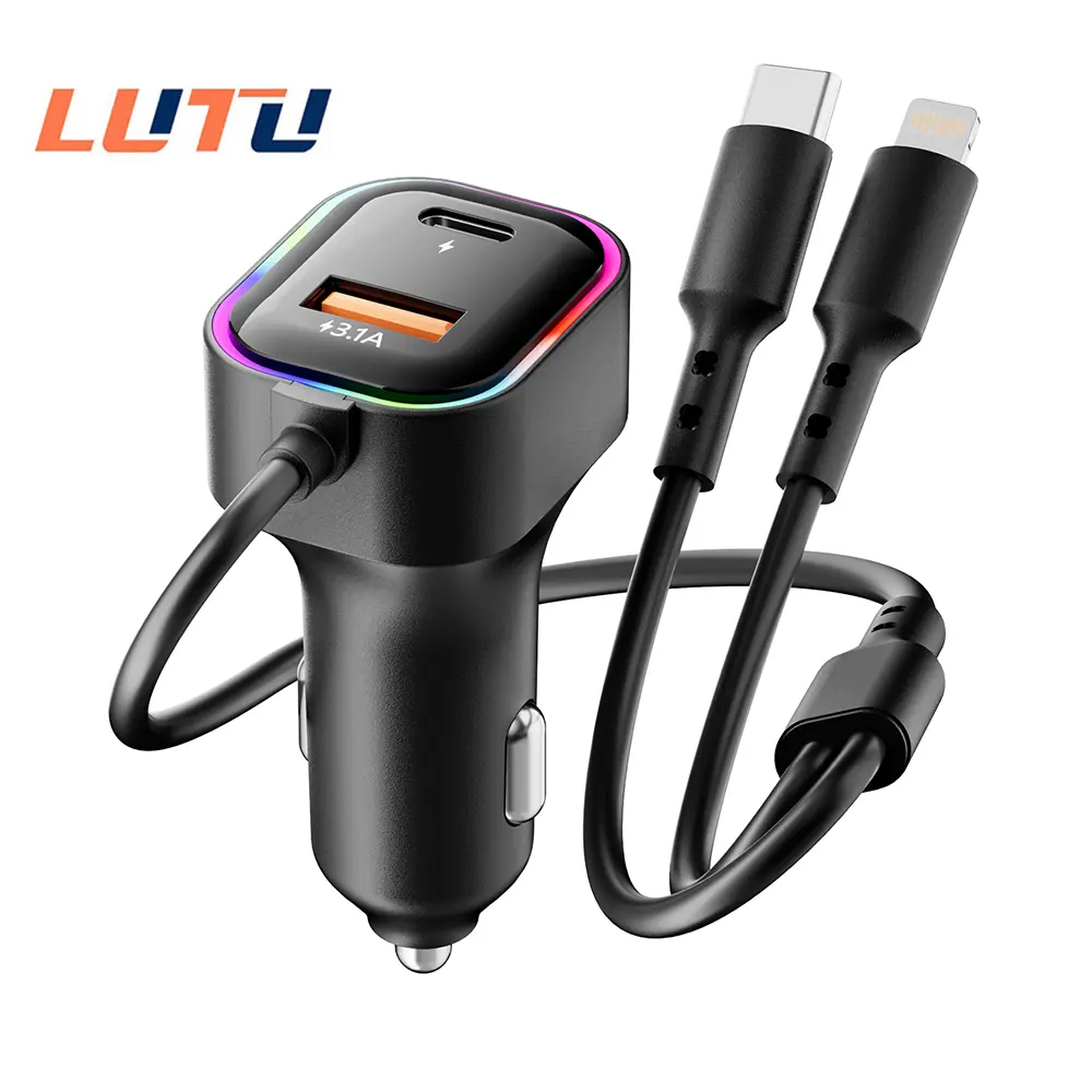 LUTU 4-in-1 Retractable Car Charger with USB Port, PD15W & USB15W Charging, Type-C & Lightning Cables, 7-Color RGB Lights, Universal for iPhone & Multiple Devices, Car Accessories, Cars Accessories