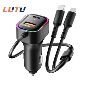 LUTU 4-in-1 Retractable Car Charger with USB Port, PD15W & USB15W Charging, Type-C & Lightning Cables, 7-Color RGB Lights, Universal for iPhone & Multiple Devices, Car Accessories, Cars Accessories