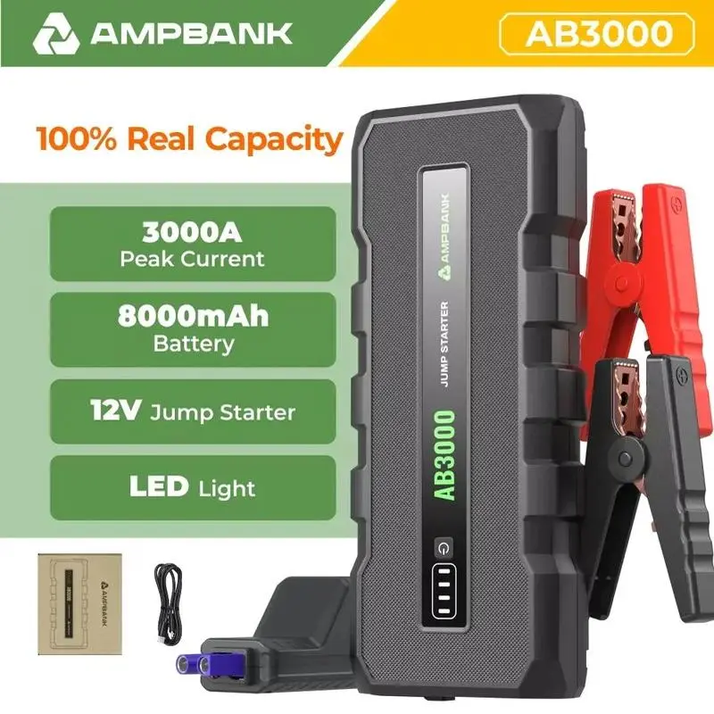 AMPBANK AB3000 12V Battery Powered Car Jump Starter - 3000A Peak Emergency Auto Booster Pack with Copper Core, LED Light, USB Port, Heavy-Duty Cables, Safety Prots, 1-Year Assurance (Jump/Charge/Light Use)