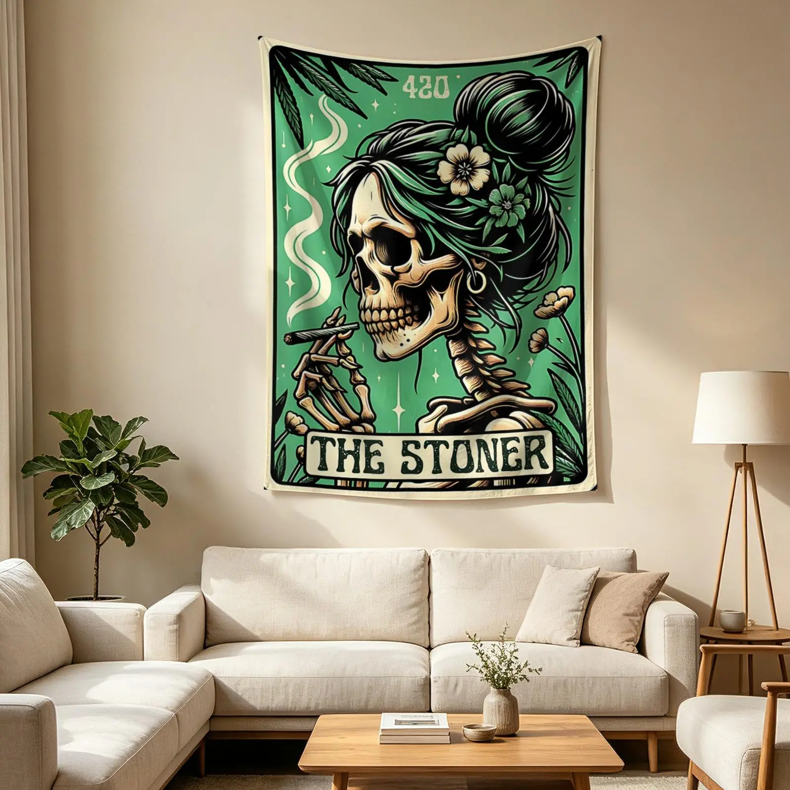 Tarot Card The Stoner Weed Lover Skeleton Cannabis 420 Tapestry Wall Blanket Dorm Room Decor