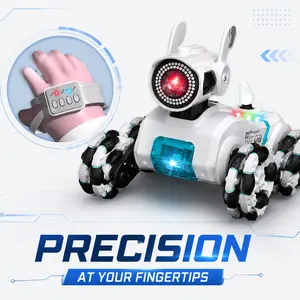 Rechargeable RC Robot Dog, 8-Wheel Mecanum Stunt Car with Gesture & Touch Sensing, Auto-Demonstration, LED Eyes, Sound, Music & Spray, Smart Remote Control Toy Gift for Boys Girls Kids