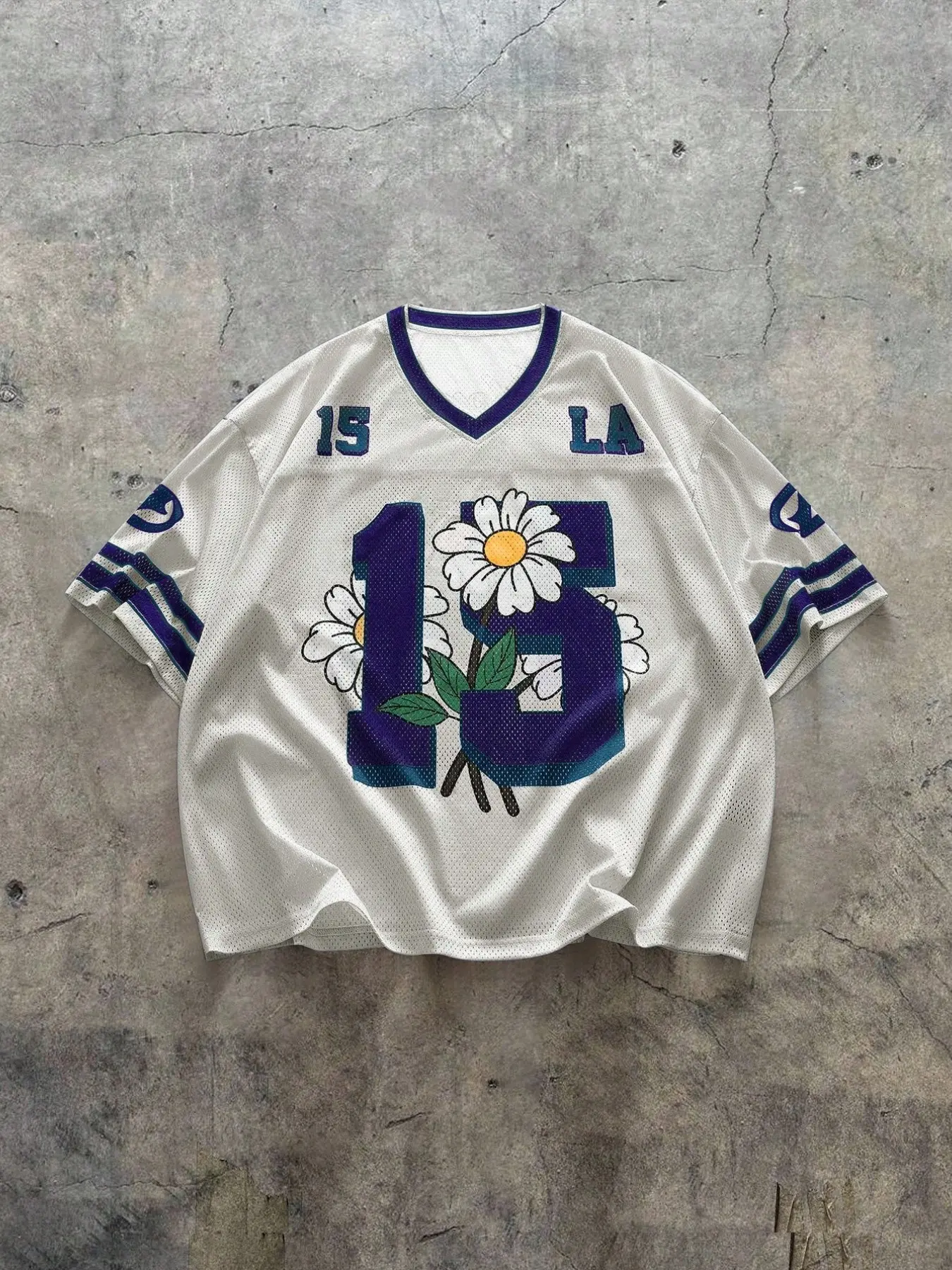 American Vintage Los Angeles Daisy Print Mesh Eye Tee, Multi-Color V Neck Loose Fit Y2K Style Sport T-Shirt, Casual Sporty Top, All Seasons Jersey Top