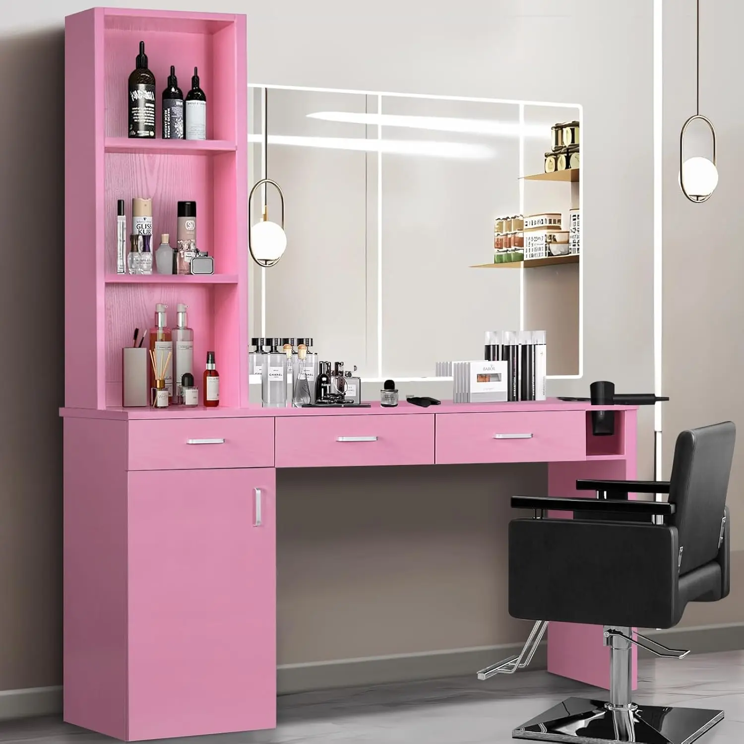 [Summerwins] HOMBCK Barber Station for Hair Stylist, Salon Wall Station with Barber Cabinet, Hair Stations Equipment Hair Dryer Holder, Drawers