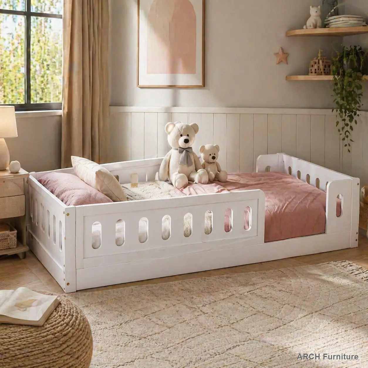 ARCH Solid Wood Twin-Size Close Ground Bed Frame for Toddlers - White, Sturdy Construction, Guardrail with Fence Opening, Safe Sleep Bed, 15.6in Total Height, 75.4'' x 39.4'' Dimensions, Toddler Bed