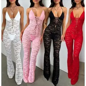 Women's  Lace Camisole Jumpsuit, Sexy Backless, Lace Up For , Suitable For Dating, Street Parties V Neck Overall Basic