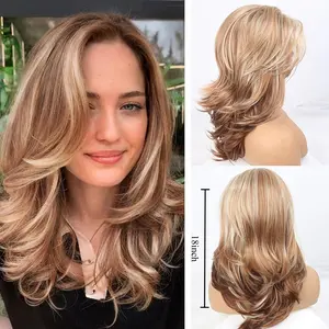Layered Auburn Brown Long Curly Synthetic Wig for Women | Fluffy Face Framing Full Head Wig | Natural Layered Cut Fashion Wig