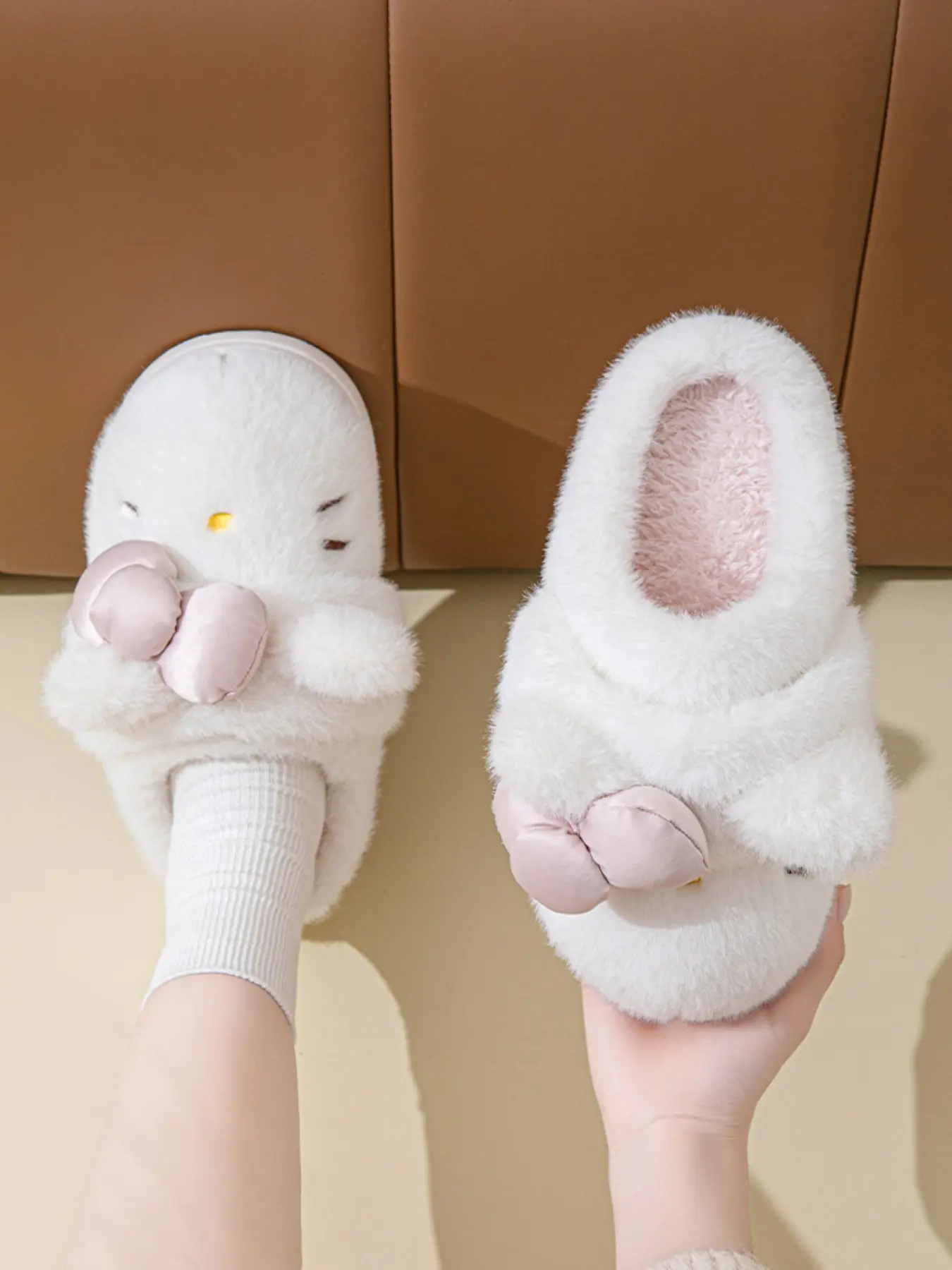 Women's Bowknot Slippers Fall Winter Indoor Home Eva Thick Sole Warm Plush Cute Cotton Shoes, Comfortable Textile Upper Material, Soft, Elegant Slippers