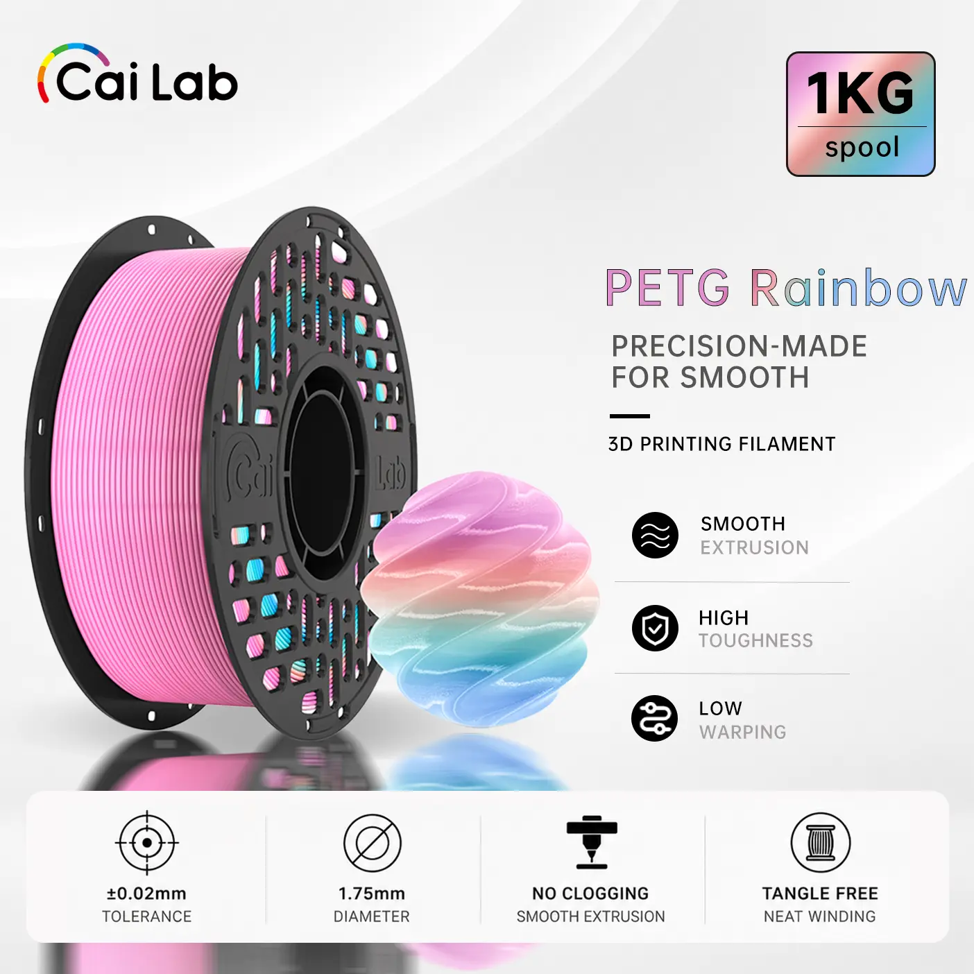 Cailab Rainbow Shift PETG 3D Printing Filament, 1.75mm, 1KG Spool, Multi-Color Color-Changing, Strong, Glossy, Smooth Extrusion, Low Warping FDM 3D Printing Supplies