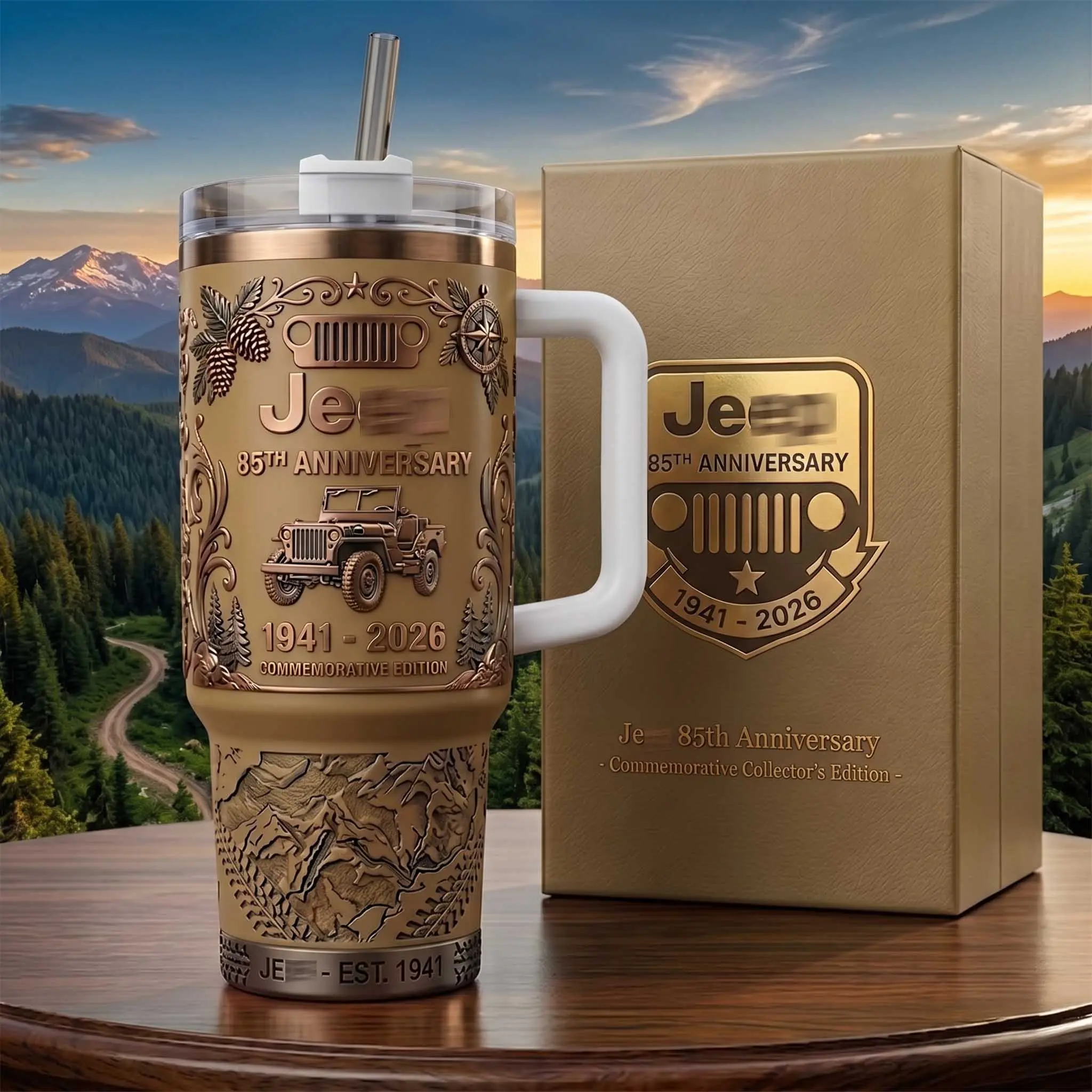 Elite Tumbler - Jeep 85th Anniversary 40oz Travel Tumbler With Handle & Straw, Gift For Fans Jeep, Insulated Cup for Hot & Cold Drinks