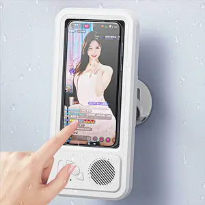 Bathroom Waterproof Touch-Screen Phone Case with Bluetooth Speaker, Wall-Mounted Phone Holder for Shower, Watching Videos & Listening to Music, Universal Smartphone Holder