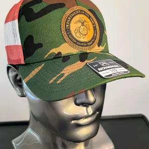USMC Laser Engraved Leather Patch Richardson 112 Hat –Marine Corps Camo Trucker Cap with American Flag Mesh – Veteran Style Snapback