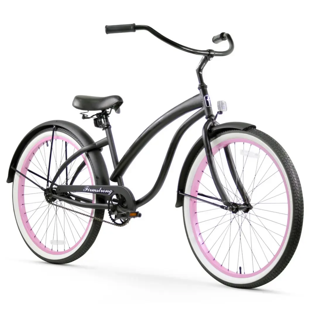 Firmstrong Bella Fashionista Women's Single Speed Beach Cruiser Bike - Matte Black w/ Pink Rims (Pre-Assembled)
