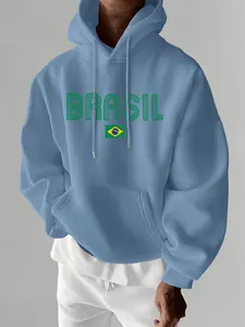 Men's Casual Hooded Sweatshirt with Brazil Flag Print, Fitted Autumn & Winter Style, Kangaroo Pocket and Drawstring Hood