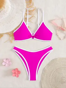 Women's Contrast Trim Spaghetti Strap Bikini Set, Solid Color Wireless Swim Bra & High Cut Swim Panty, Ladies Swimsuit for Beach Holiday Vacation