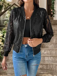 Women's Sequin Lace Patchwork Short Jacket, Casual Fashion Design, Perfect for Daily Wear or Street Style, Trendy Outerwear for All Seasons