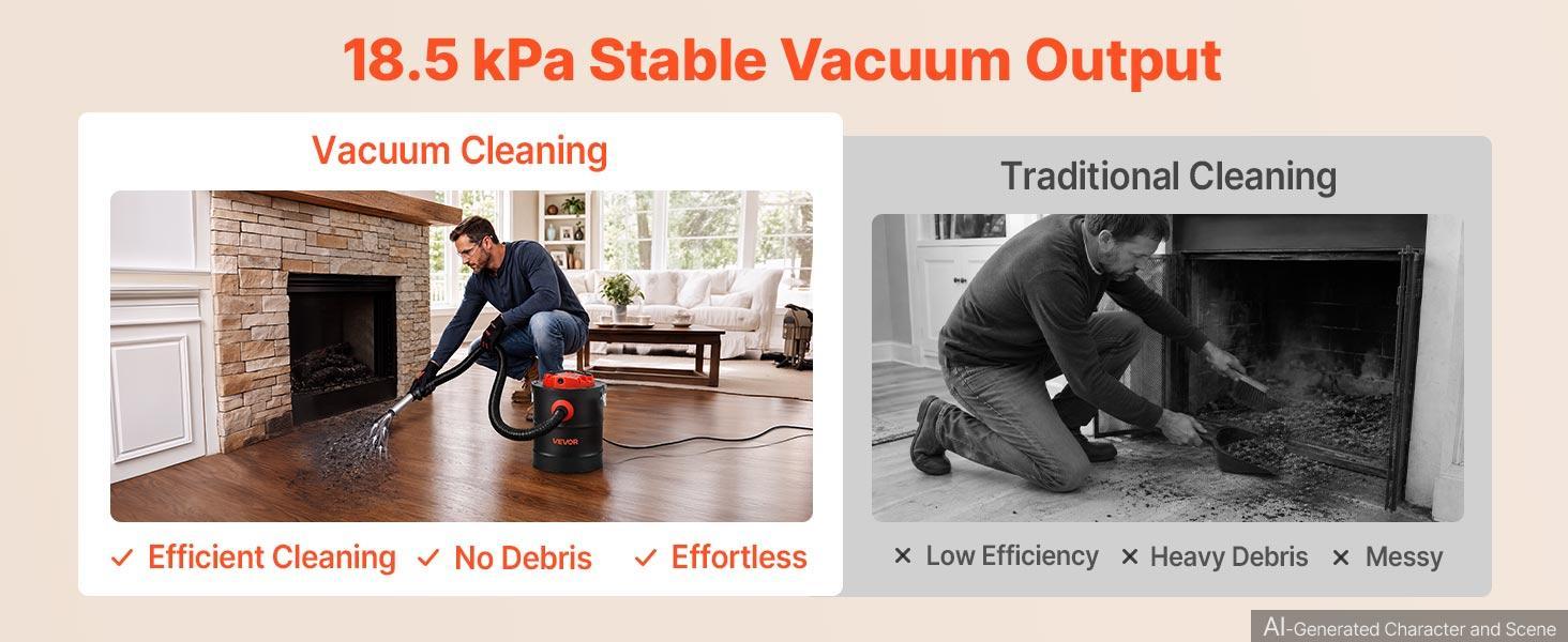 VEVOR Ash Vacuum 4 Gallon, 1200W Powerful Fireplace Cleaner Steel Body, for Fireplaces, Pellet Stoves, Wood Stoves, Fire Pits, Grills, Double Stage Filtration System, 4 FT Hose, Black & Orange