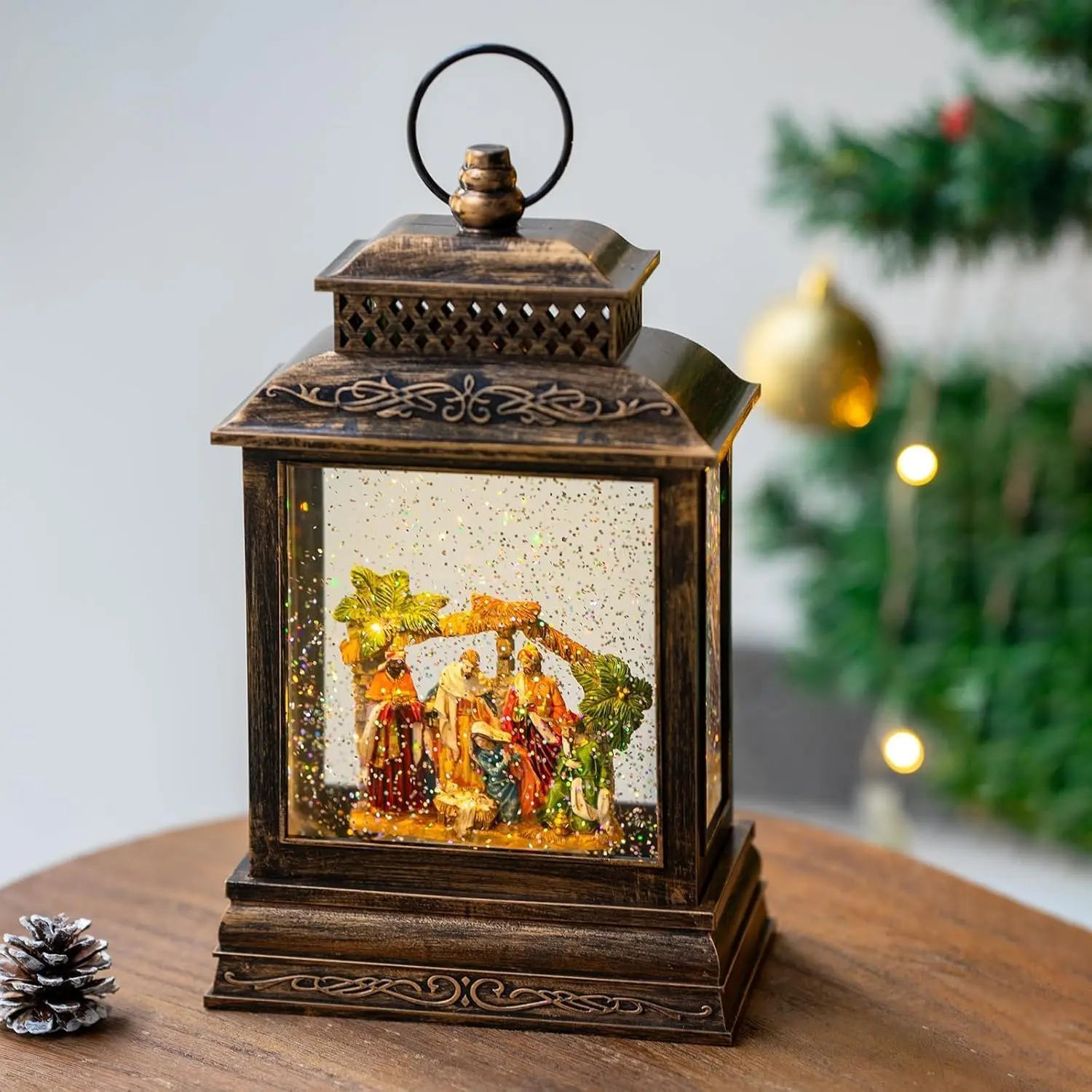 Christmas Snow Globe Lantern Water Nativity Scene & Manger Scene with Music & Timer USB Lined/Battery Operated Lighted Lantern for Christmas Festival Decoration Gifts