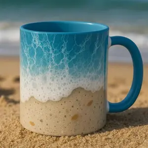 Ocean Wave Coffee Mug, Beach Ceramic Cup with Seafoam Sand Design, 11oz and 15oz Coastal Mug in Blue, Black, or Pink, Microwave Safe