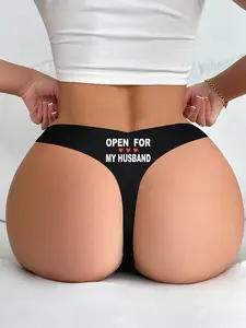 Women's Sexy Thong Panty, Comfortable Seamless Knit Design, 'open for My Husband' Letter Pattern, All Seasons Fitted Underwear, Womenswear
