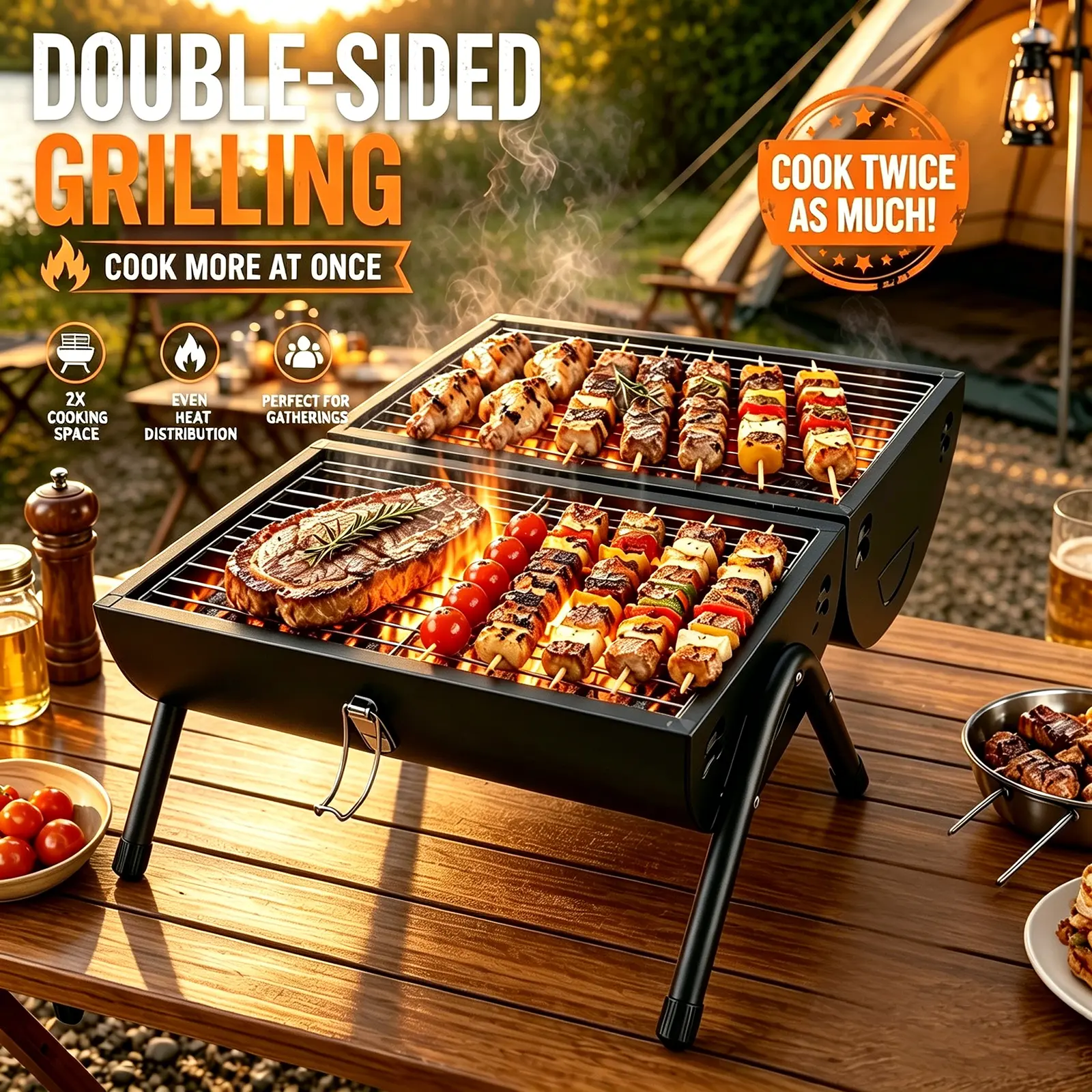 Portable Charcoal BBQ Grill, Dual-Sided Double-Zone Outdoor Barbecue Grill with Wooden Carry Handle And Secure Latch, Quick-Setup Tabletop Outdoor Cooking Grill, Compact Small Grill for Camping, Picnics, Backyards, Road Trips, And Beachside Grilling