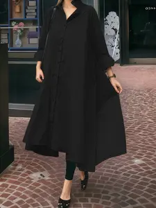 Women's Plain Color Basic Dress, Long Sleeve Asymmetrical Hem Shirt Dress, Casual Fitted Midi Dress for Daily Commute Travel Vacation