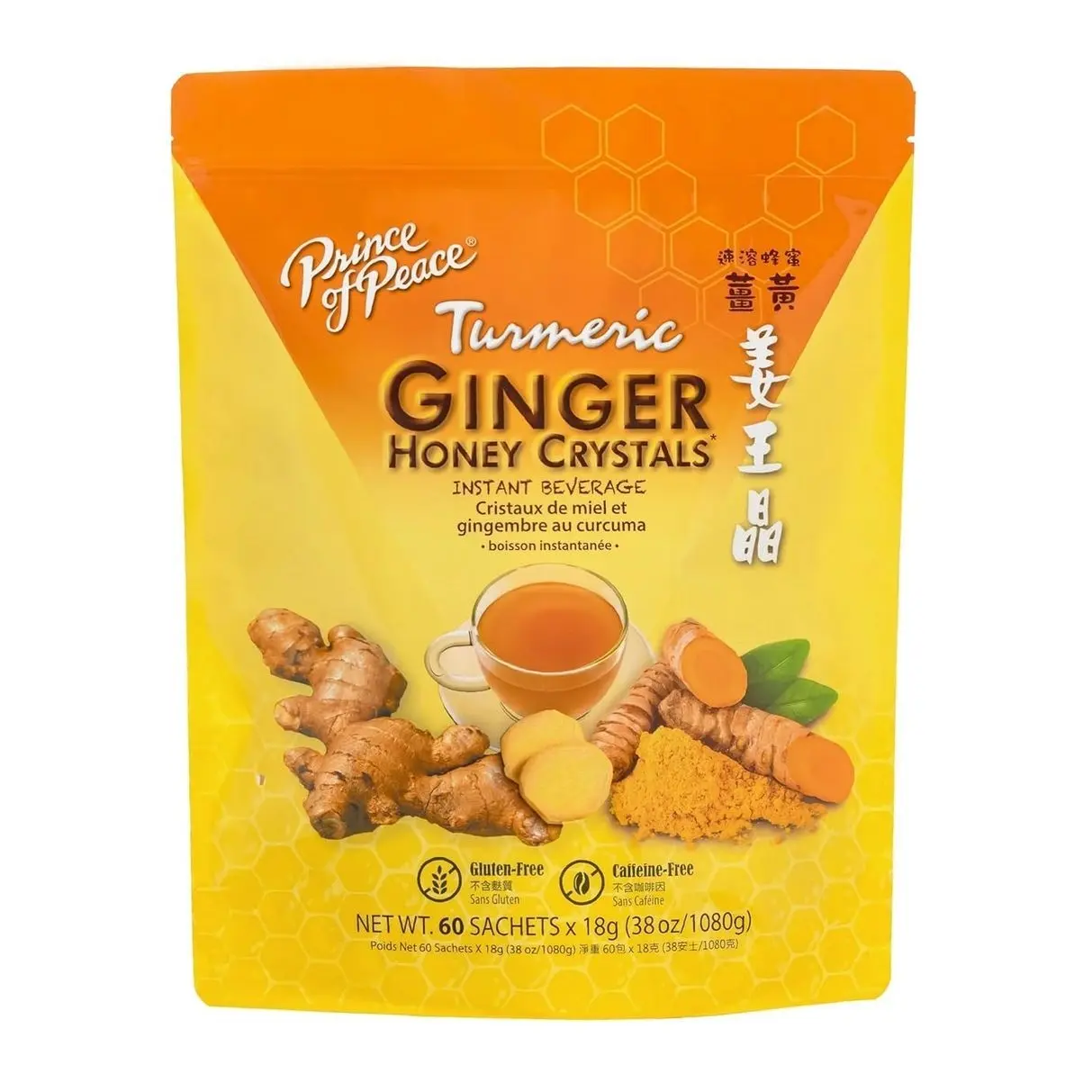 Prince of Peace Instant Ginger Honey Crystals with Turmeric, Value Pack 60 Sachets – Instant Hot or Cold Beverage Easy to Brew – Drink Like a Tea – Caffeine and Gluten Free – Real Ginger 38oz (1080g)undefined