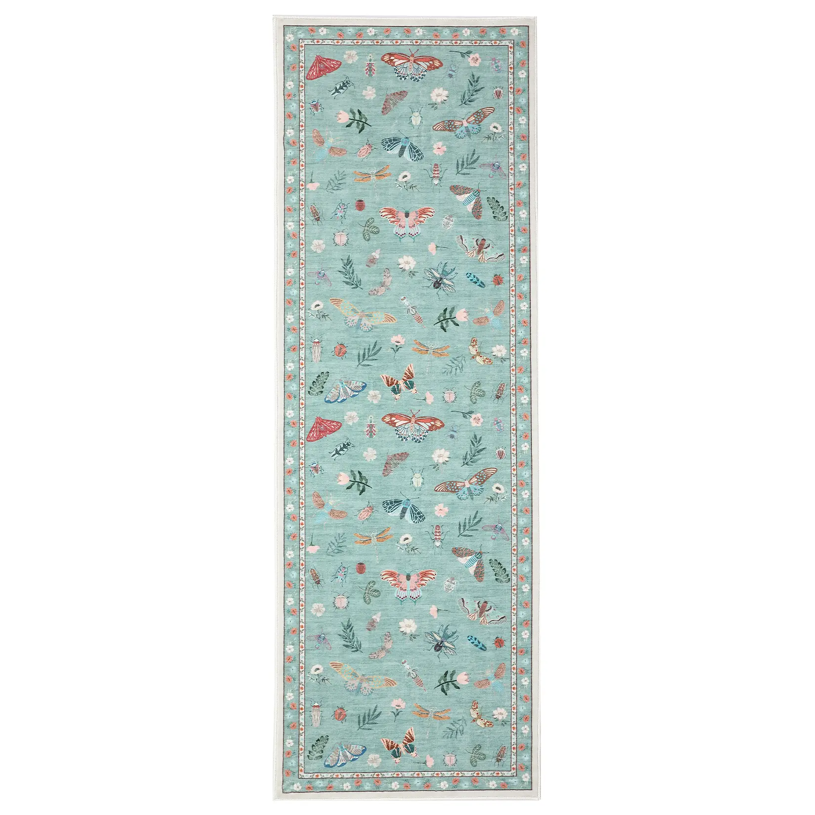 2 x 6 ft Polyester Fiber Green Rectangular Non-Slip Low-Pile Runner Rug - Stayput, Stain-Proof, Modern Summer-Theme Insect Motif, Machine Washable Home Decor Modern Floor Rug for Hallway, Entryway, Home Decor Rug