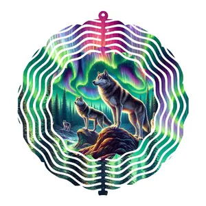8” Northern Lights Wolf Metal Wind Spinner, Layered Spin Forest Theme Outdoor Decor with Aurora Glow, Wildlife Garden Accent for Home Improvement Spaces