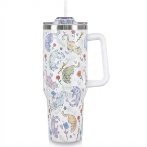 Funny Cat 40oz Insulated Stainless Steel Tumbler with Handle & Straw Lid, Large Capacity Travel Coffee Mug, Cat Lover Gift for Women
