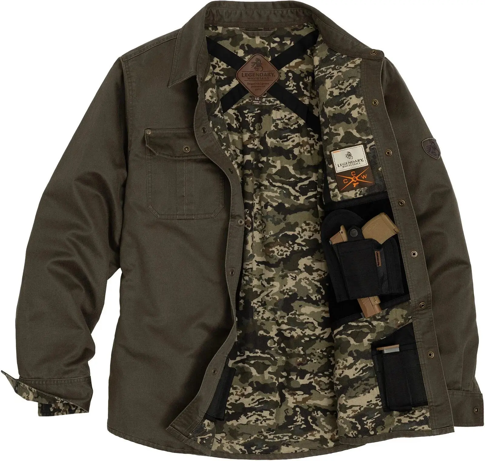 LEGENDARY WHITETAILS Men's Concealed Carry Journeyman Shirt Jacket, Menswear Coats with Cotton-Flannel Fabric and Pockets for Sports & Outdoor Activities