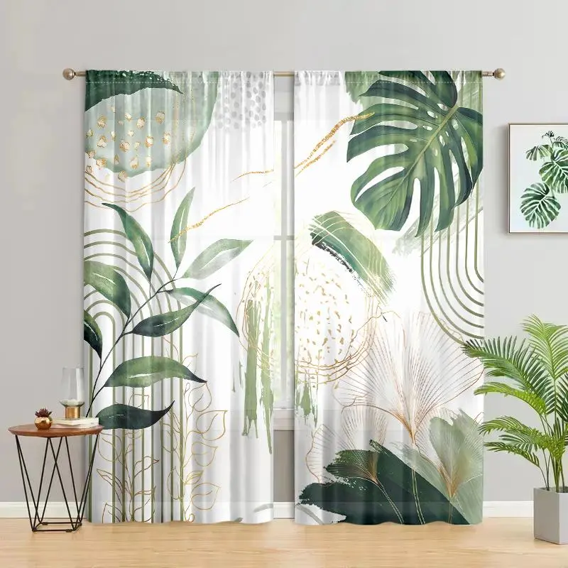 Leaf Print Window Curtain, Modern Geometric Arch Plant Design Curtain, Home Decorative Curtain for Living Room Bedroom Kitchen Bathroom