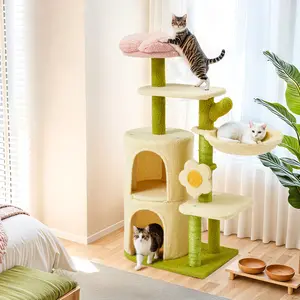EROMMY 38.2" Flower Cat Tree Tower, 18.5"l x 12.9"w x 38.2"h Detachable Pet Furniture with Safety Scratching Post, House, Bed, Flower-Shaped Platform, Easy Maintenance for Indoor Small-Medium Cats, Green Living Room Decor
