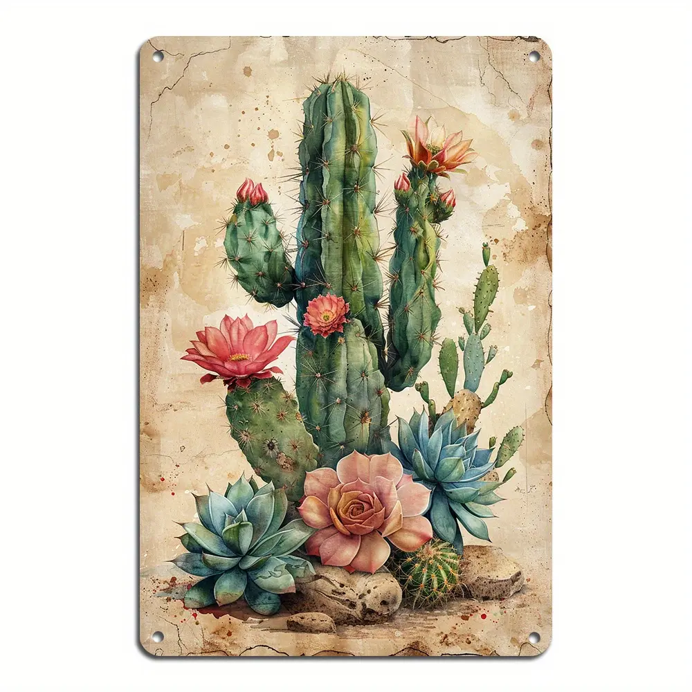 Vintage Cactus & Desert Plants Metal Tin Sign - 8x12 in Waterproofed Wall Art Decoration, Retro Black Farmhouse Speciality Plaques & Signs, Gift for Man Caves, Bedroom Home Decor, Easy To Clean, Fade Resistant