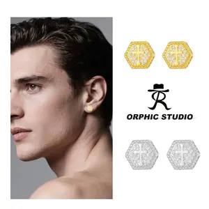ORP Hexagonal Cross Earrings with Micro-Zirconia Hip-Hop Fashion Men's Ear Accessories Couple Gifts Ear Studs