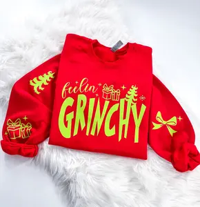 Feelin' Grinchy Retro Christmas Sweatshirt or Hoodie with sleeve prints Comfy Unisex Tops