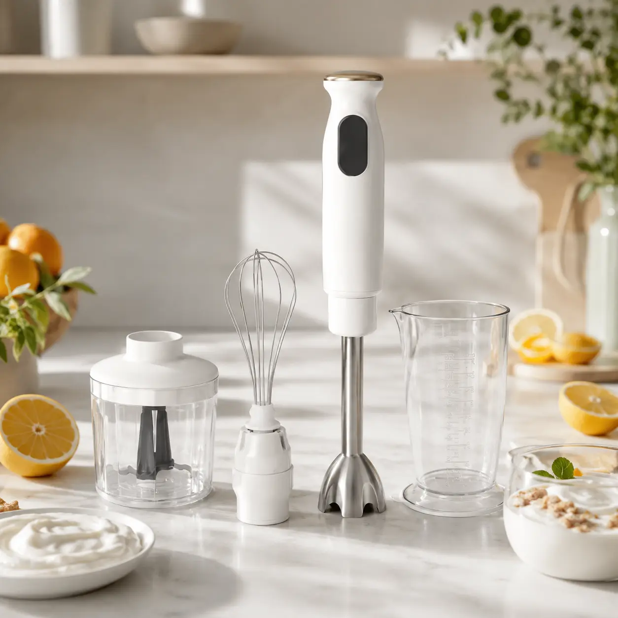 2-Speed Immersion Hand Blender with Chopper & Measuring Cup, White