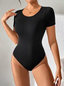 Women's Solid Round Neck Fitted Sports Bodysuit, Casual Sporty Solid Basic Short Sleeve Bodysuit for Daily Wear, Ladies Sportswear for Indoor Outdoor Wear Womenswear