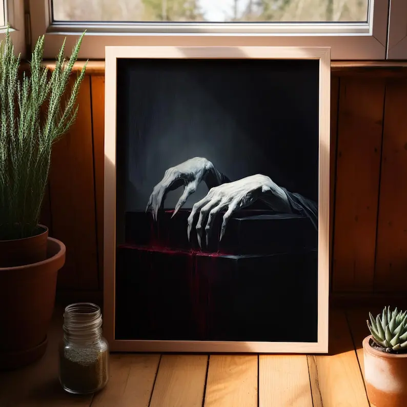 Dracula Clawed Hands Vampire Art Poster Print, Gothic Dark Academia Wall Art, Spooky Halloween Decor, Creepy Horror Home. No frame